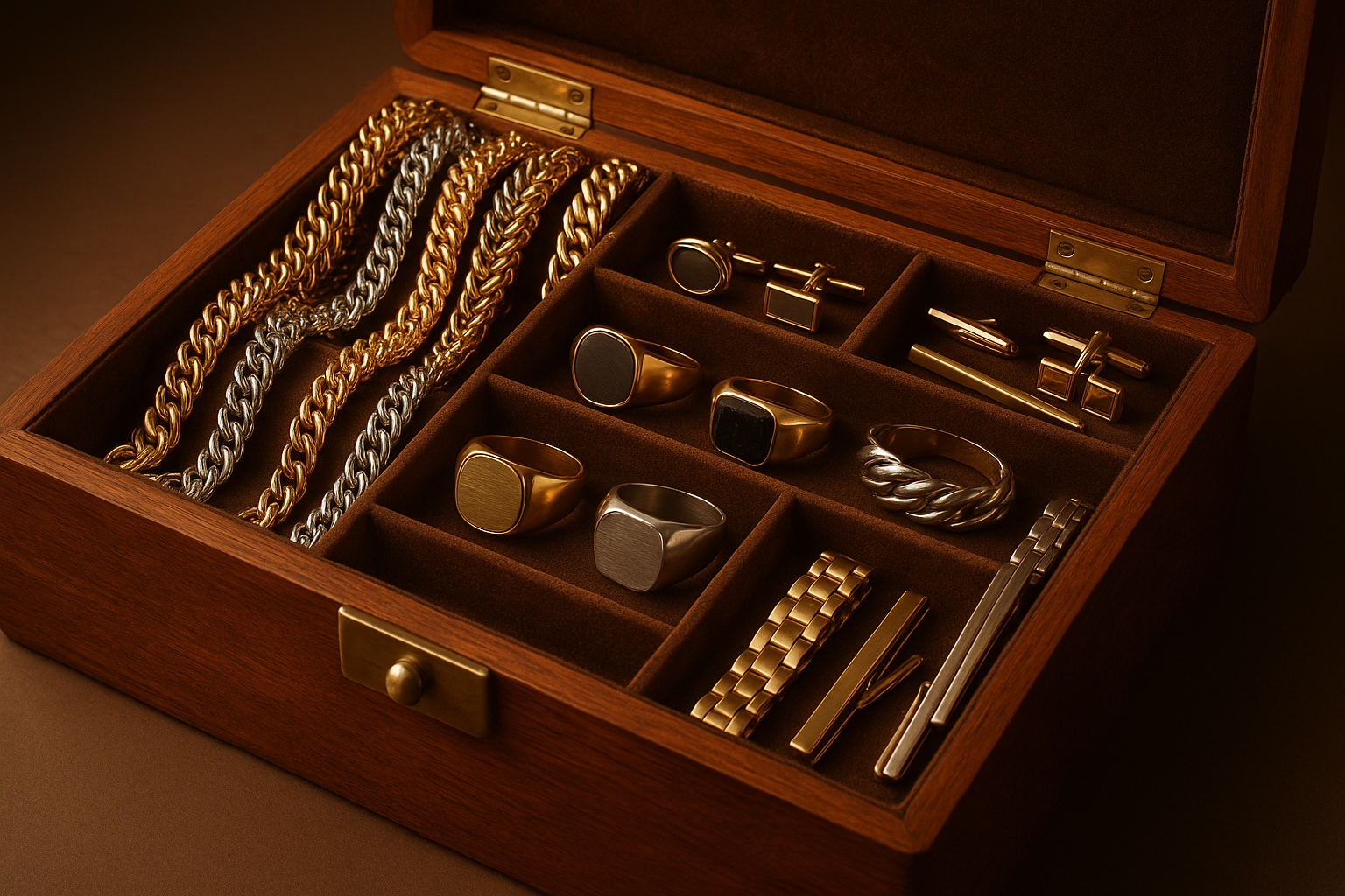 A jewellery box full of mens jewellery 